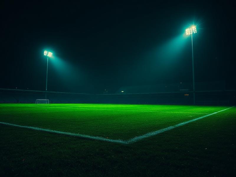 Verlicht voetbalveld bij nacht